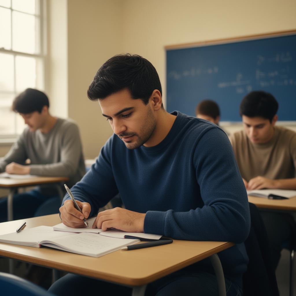 Adult student taking notes in a classroom